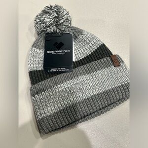 Obermeyer Men's Oakland Pom Beanie Grey Stripes Hat NWT Foldover Cuff Acrylic